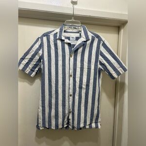 Zara Linen Cabana Shirt Mens Size Small Relaxed Fit Blue White Striped Beach $68